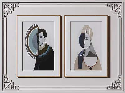 Two Framed Abstract Portrait Artworks With Chinese Style Decorative Borders 3d model