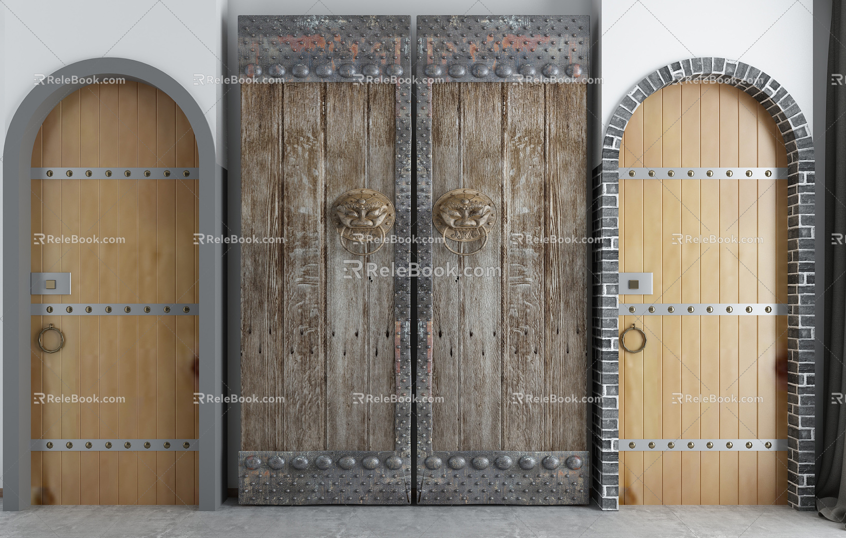 Chinese-style double-door ancient solid wood door 3d model