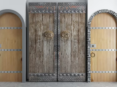 Vintage Wooden Double Doors with Metal Decorations Lion Head Knockers and Arched Side Accents 3d model