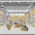 Modern Specialty Store Interior With Wooden Shelves Curved Counter And Product Displays
