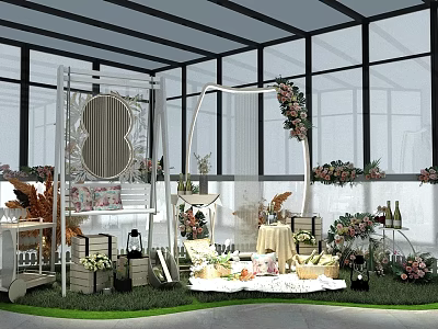 Stylish Photo Spot With Floral Arched Decor And Mirror Greenery Table Setup And Window Backdrop 3d model