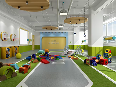 Kindergarten Bright Indoor Play Area With Colorful Toys Slide Climbing Equipment And Green Lawn 3d model