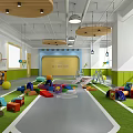 Kindergarten Bright Indoor Play Area With Colorful Toys Slide Climbing Equipment And Green Lawn