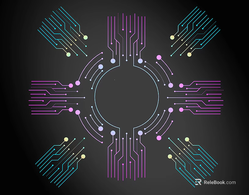 Colorful Circuit Board Style Lines With Circular Design And Dots On Black Background 3d model 