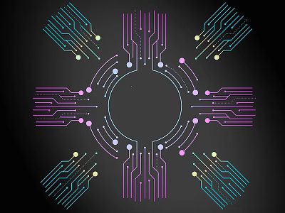 Colorful Circuit Board Style Lines With Circular Design And Dots On Black Background 3d model