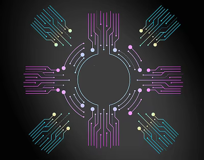 Colorful Circuit Board Style Lines With Circular Design And Dots On Black Background 3d model