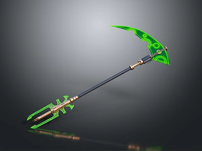 Green Fantasy Scythe Weapon With Golden Accents Black Handle And Glowing Translucent Blades 3d model