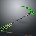 Green Fantasy Scythe Weapon With Golden Accents Black Handle And Glowing Translucent Blades