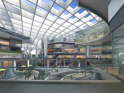 Modern Atrium Interior Design With Glass Skylight Multi Level Buildings Fountains And People Activities 3d model