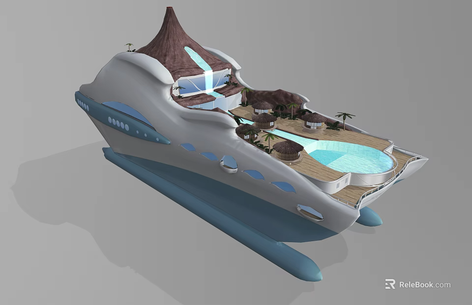 Luxury Yacht With Volcano Shaped Top Deck Pool And Palm Trees 3d model 