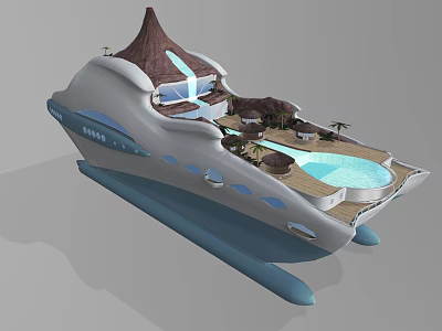 Luxury Yacht With Volcano Shaped Top Deck Pool And Palm Trees 3d model