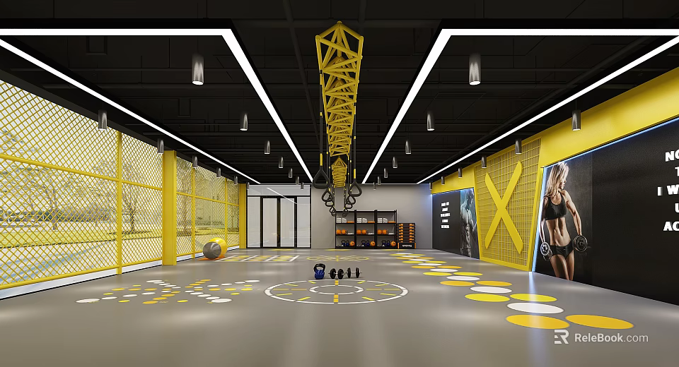 Modern Gym Interior With Yellow Black Design Fitness Equipment Storage Lockers And Floor Patterns 3d model 
