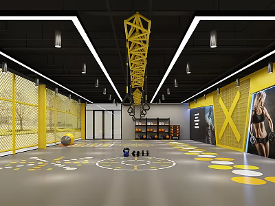 Modern Gym Interior With Yellow Black Design Fitness Equipment Storage Lockers And Floor Patterns 3d model