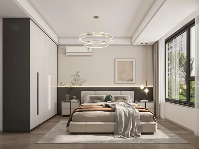 Modern Bedroom Interior Design With Comfortable Bed Plush Pillows Bedside Tables Round Chandelier And Large Window 3d model