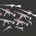 Pink Purple Weapons Collection Display Featuring Rifles Handguns And Assorted Firearms