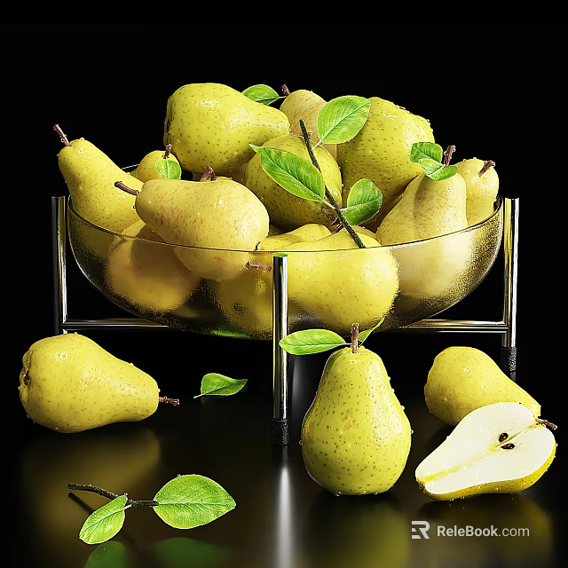 Ceramic Container Filled With Fresh Yellow Pears And Green Leaves 3d model
