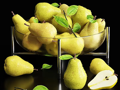 Ceramic Container Filled With Fresh Yellow Pears And Green Leaves 3d model