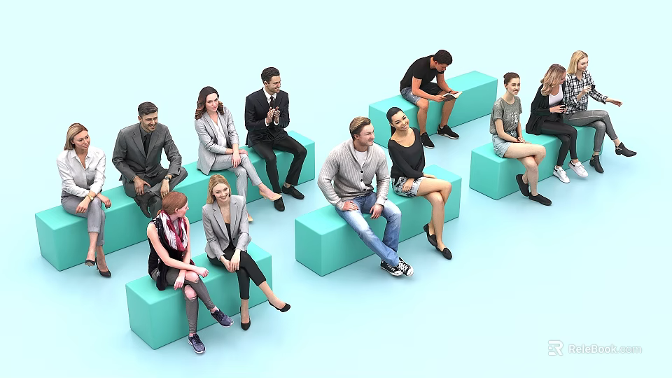 Group of Diverse People Sitting on Light Green Cube Seats in Casual Setting 3d model 