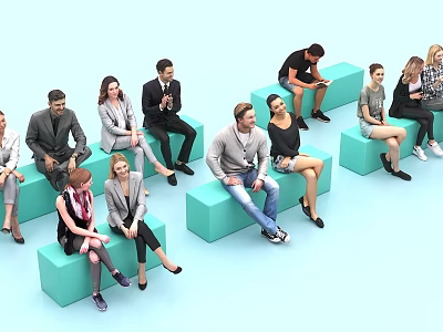 Group of Diverse People Sitting on Light Green Cube Seats in Casual Setting 3d model