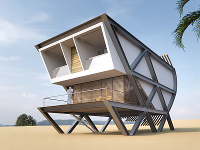 Modern Boutique Villa With Geometric White Gray Structure Open Balcony Wooden Accents Palm Tree Beachside 3d model