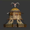 Yurt Style Decorative Tent With Yellow Top Red White Ornaments Fabric Curtains And Wooden Base