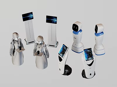 Intelligent Machines Featuring Service Robots With Digital Screens And Various Designs 3d model