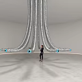 Silver Pipe Like Art Installation With Blue Eye Ends And Person Standing In Indoor Space