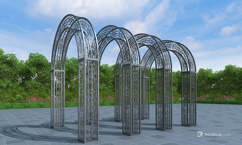 Outdoor Metal Arched Pergola With Intricate Patterns And Green Trees Background 3d model 