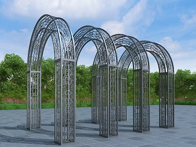 Outdoor Metal Arched Pergola With Intricate Patterns And Green Trees Background 3d model