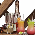 Romantic Valentine's Day Wooden Cart Decor With Pink Bouquet And Candies Desserts Drink Glasses