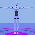 White Humanoid Robot With Extended Arms Standing On Blue Platform With Purple Circular Rings Around