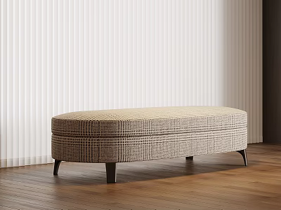 Beige Black Checkered Upholstered Bench With Thin Black Legs White Blinds And Wooden Floor 3d model