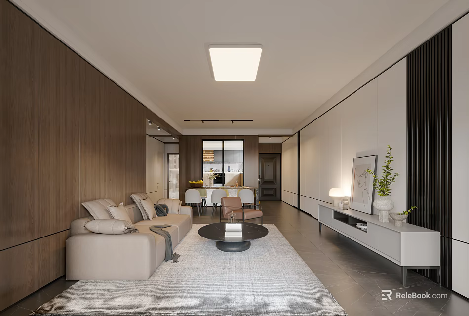 Modern Minimalist Open Plan Living And Dining Room With Natural Wood Panel Interior Design 3d model 