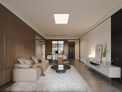 Modern Minimalist Open Plan Living And Dining Room With Natural Wood Panel Interior Design 3d model