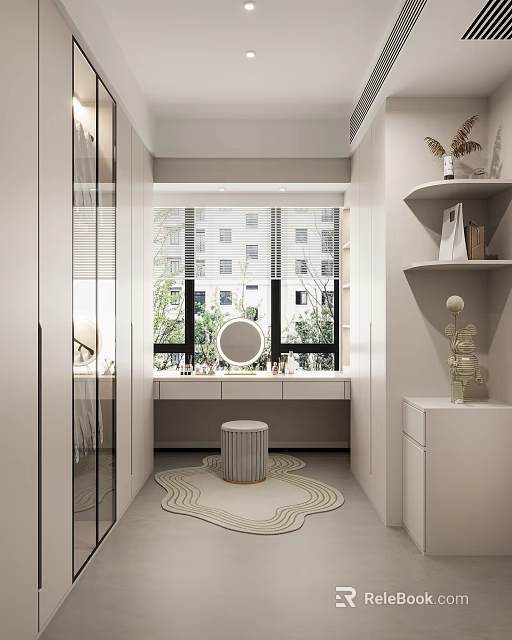 Modern Minimalist Closet Interior With Vanity Table And Large Window 3d model