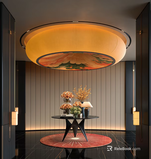 Hotel Lobby Featuring Circular Floral Pattern Ceiling Light Fixture Striped Walls And Flower Arrangements 3d model 