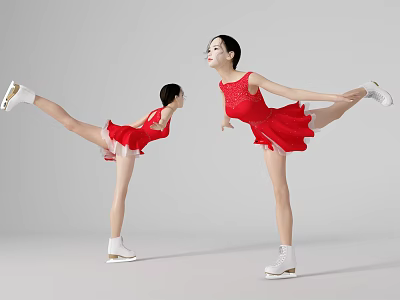 Women Figure Skaters in Red Dresses Performing Graceful Ice Skating Moves 3d model