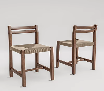 Minimalist Dining Chairs With Wooden Frame And Woven Natural Seat Wood Tone Design 3d model