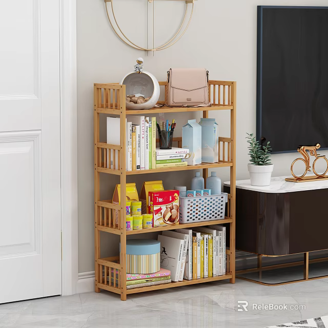 Multi tiered Wooden Storage Shelf with Books Bag Mugs and Potted Plant in Living Room 3d model 