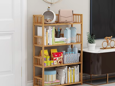 Multi tiered Wooden Storage Shelf with Books Bag Mugs and Potted Plant in Living Room 3d model