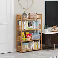 Multi tiered Wooden Storage Shelf with Books Bag Mugs and Potted Plant in Living Room