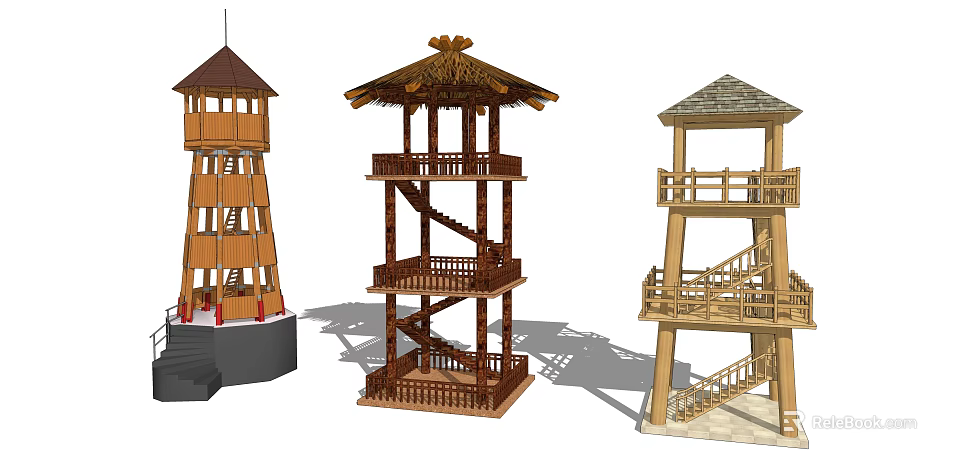 Traditional Wooden Tower Designs With Various Roofs Staircases And Balconies 3d model 