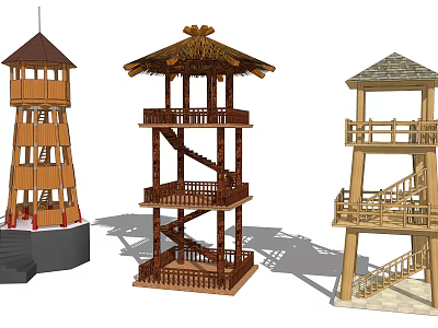 Traditional Wooden Tower Designs With Various Roofs Staircases And Balconies 3d model