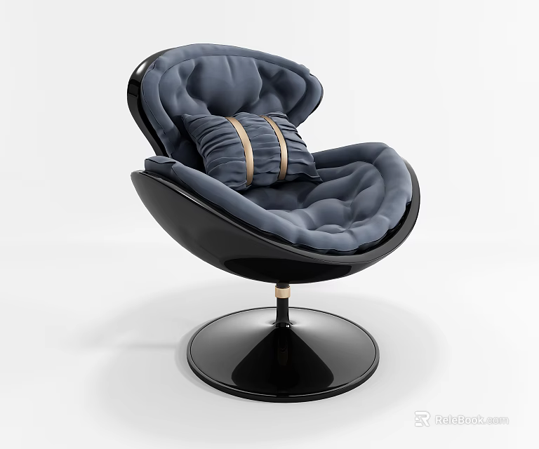 Navy Blue Modern Leisure Chair With Plush Cushion Gold Striped Pillow And Black Circular Base 3d model 