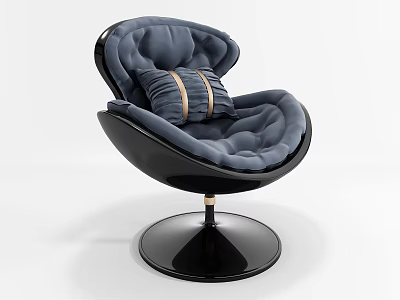 Navy Blue Modern Leisure Chair With Plush Cushion Gold Striped Pillow And Black Circular Base 3d model