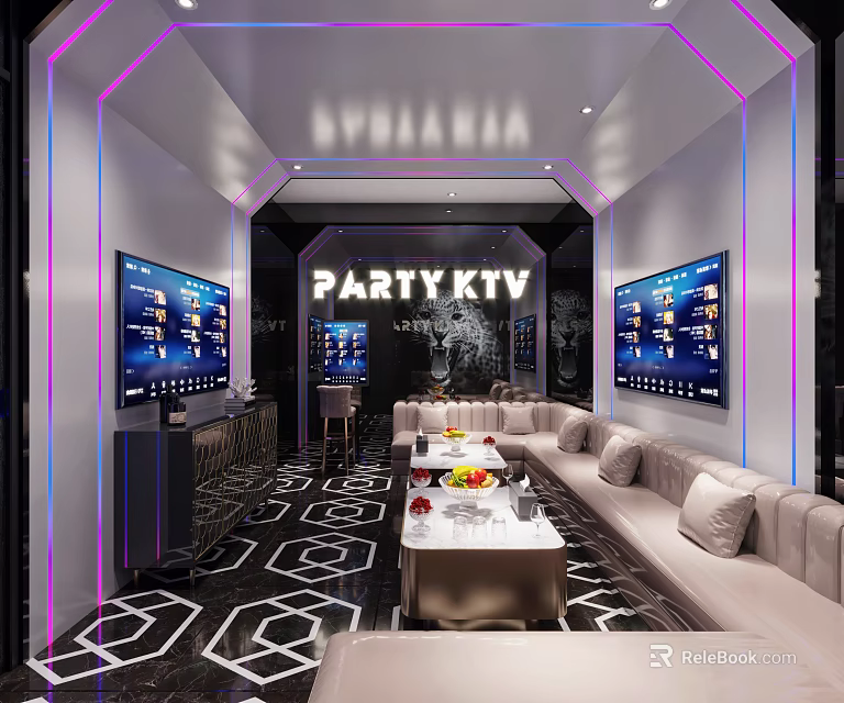Modern Party KTV Interior With Neon Lights Large Screens Sofas And Fruit Drinks 3d model 