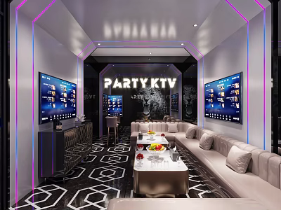 Modern Party KTV Interior With Neon Lights Large Screens Sofas And Fruit Drinks 3d model