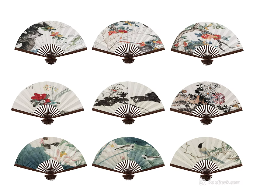 Chinese Folding Fans With Hand Painted Traditional Art And Floral Designs 3d model 