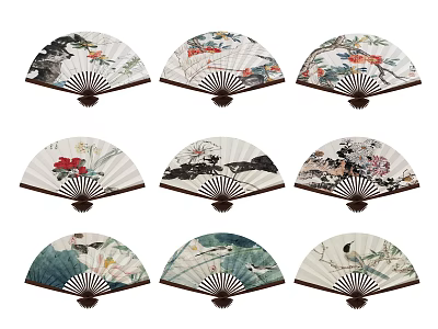 Chinese Folding Fans With Hand Painted Traditional Art And Floral Designs 3d model