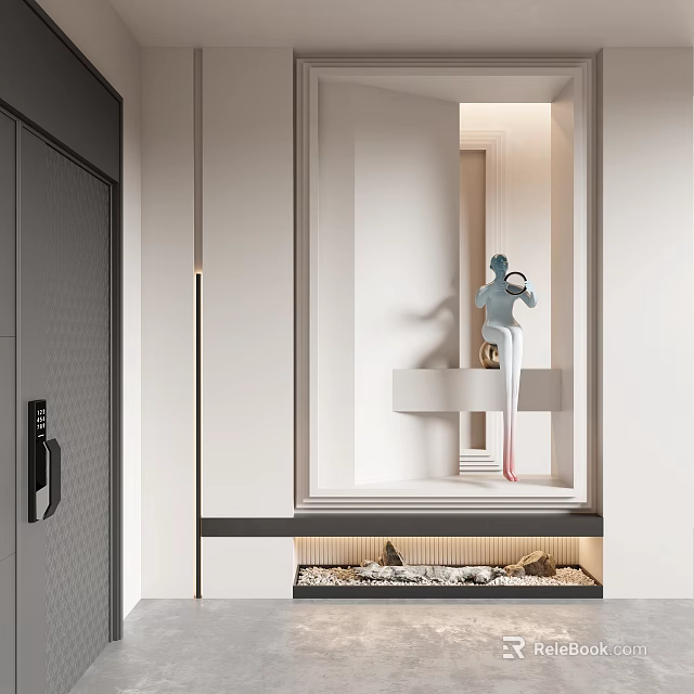 Modern Minimalist Entryway Hallway Design With Wall Mirror Decorative Sculpture And Ambient Lighting 3d model 